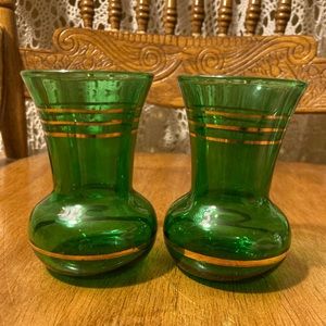 Vintage 1950s Anchor Hocking Green Glass Small Vases - Set of 2